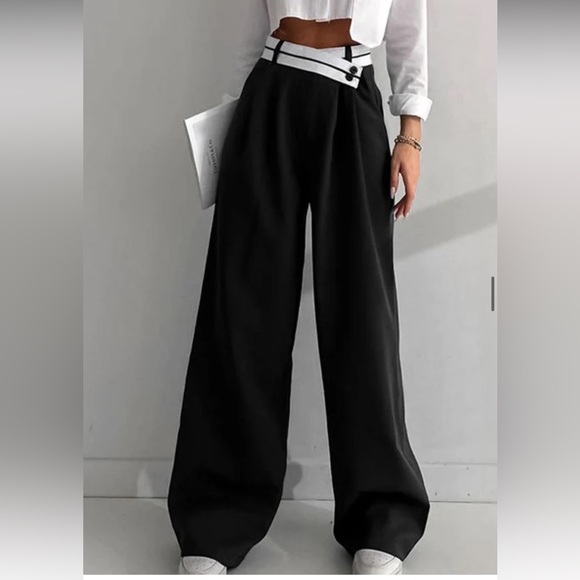 Commense Pants - Commense Black Wide-Leg Trousers with White Accent Waist